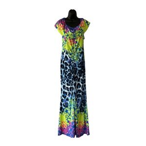 90's Colorful Sleeveless True Maxi Dress Neon Paisley Animal Print Sundress Sz L